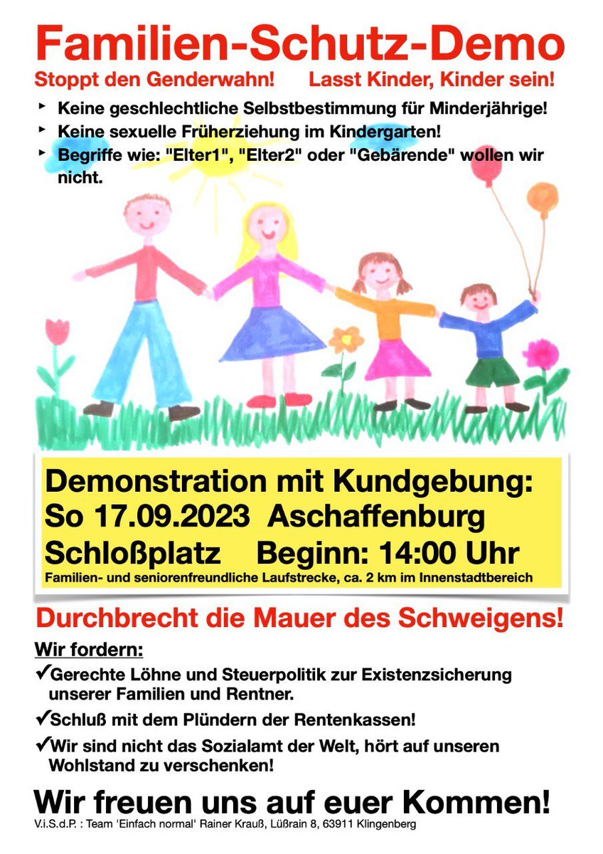 MartinBW15's tweet photo. #Aschaffenburg(#Bayern)#AB1709
#Demo #Demonstration #Protest
Sie richtet sich gegen den #Genderwahn, sexuelle Früherziehung im #Kindergarten und ist für den Schutz der #Familie.
Gefordert werden gerechte #Löhne und #Steuerpolitik zur Existenzsicherung der #Familien und #Rentner. https://t.co/jn2DxsXcm5