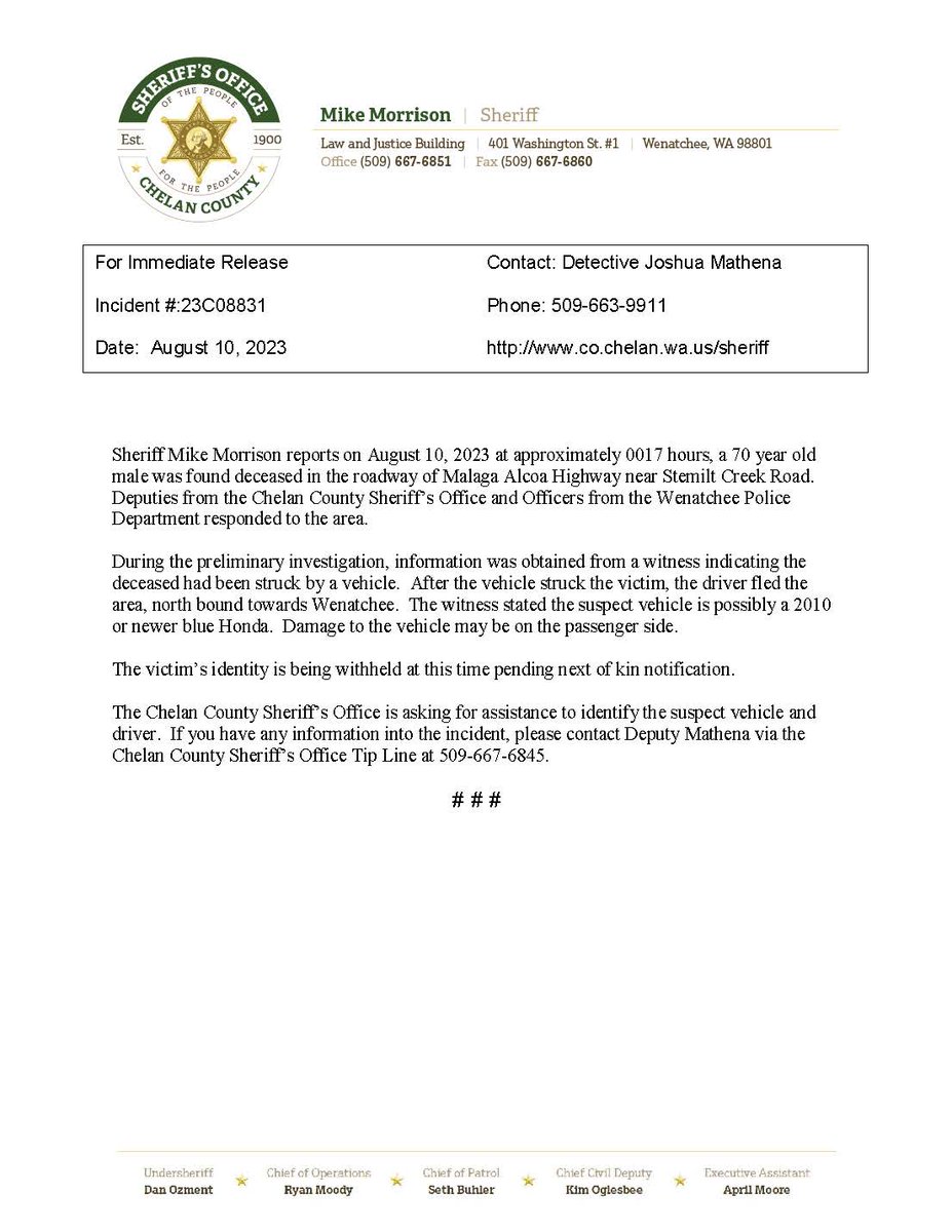 chelansheriff's tweet image. **Chelan County Sheriff&apos;s Office Media Release**