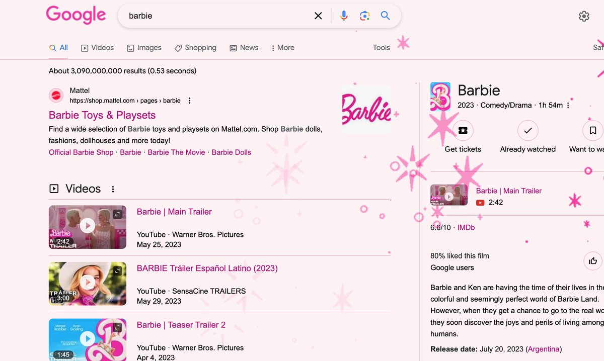 imluramos's tweet photo. @OPI_PRODUCTS @Google  que poniendo en el buscador #Barbie salen destellos y se tiñe de rosa https://t.co/JFjY1c2nhF