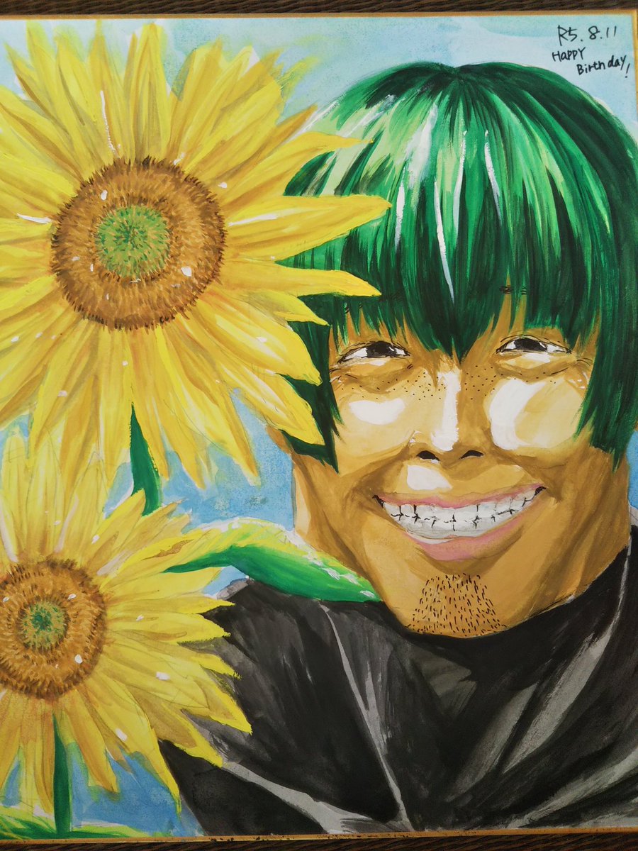 1boy flower male focus solo sunflower green hair smile  illustration images