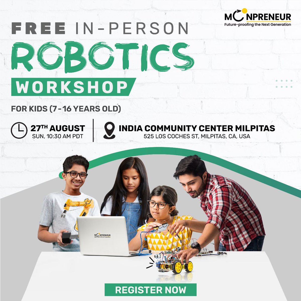 Mark your calendars! Our next in-person robotics workshop is set for August 26th at the India Community Center Milpitas. 

Register now to secure your spot and be a part of this amazing learning journey!  bit.ly/3KFkwDd
#RoboticsWorkshop #InpersonWorkshop #Workshop