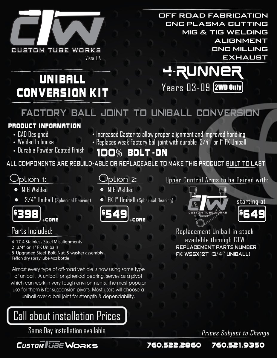 CustomTubeWorks's tweet image. We have 03-09 Toyota 4Runner Uniball Conversion Kits In Stock! customtubeworks.com/product/03-09-… #4runner #4runnernation #toyota4runner #Prerunner #liftkit #LongTravel #uniball #customtubeworks