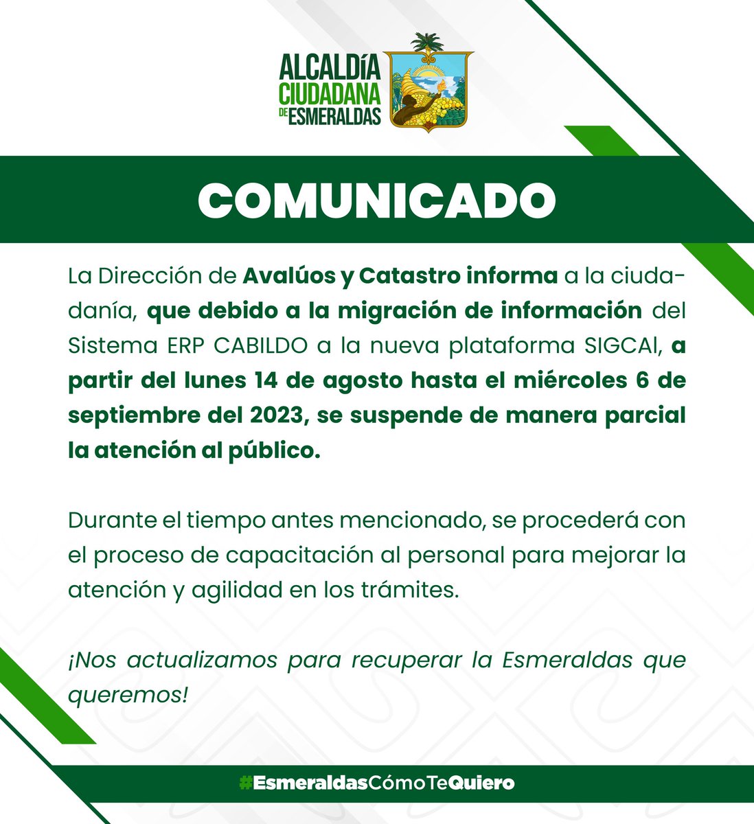 VickoVillacisT's tweet photo. Seguimos trabajando para mejorar los servicios municipales.

#EsmeraldasCómoTeQuiero @AlcaldiaEsme https://t.co/DmMFq0Dhlu