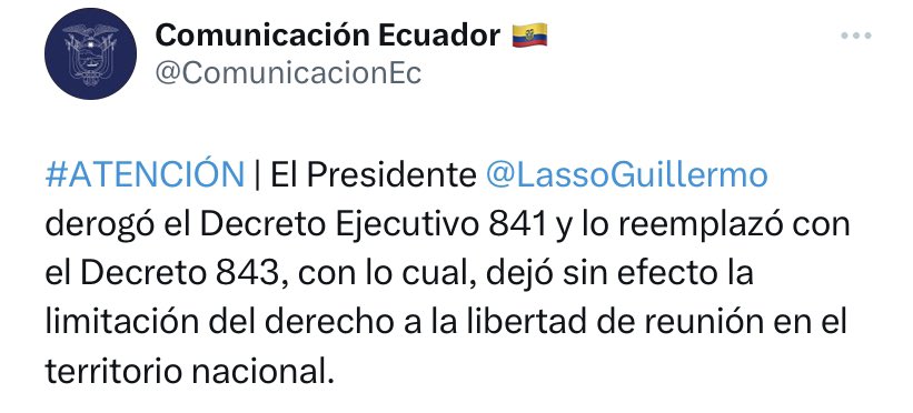 ecuadorprensaec's tweet photo. URGENTE | Se reemplaza el decreto 841 que limitaba la movilidad de los ciudadanos, con la modificación de dicho decreto, la ciudadanía puede asistir a cualquier tipo de eventos. https://t.co/CWTWQASQeB
