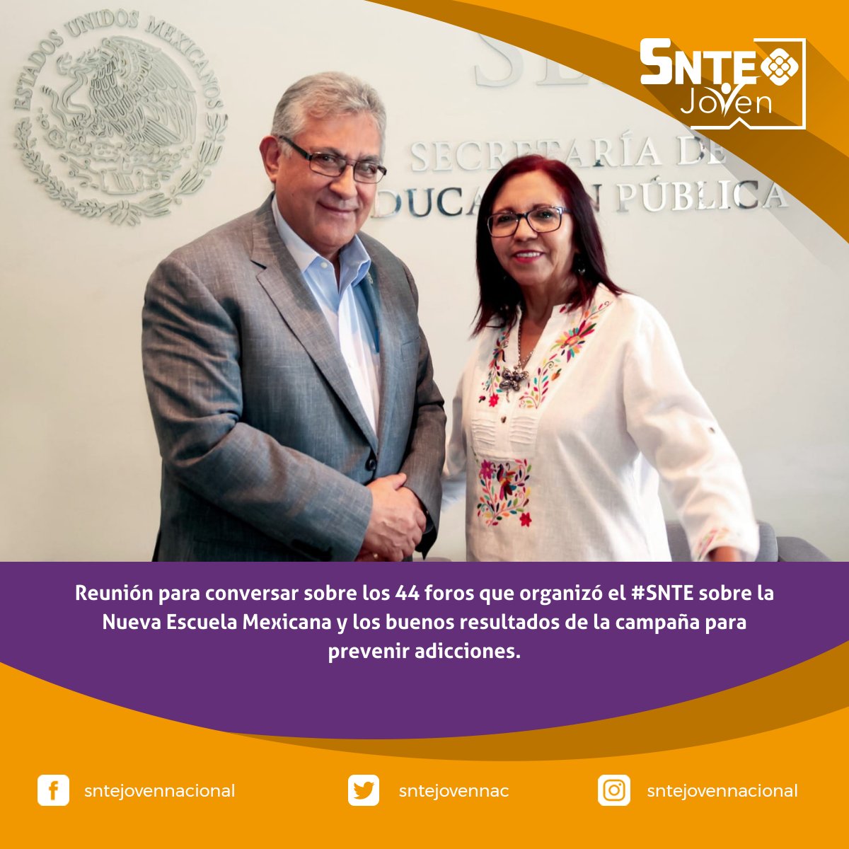 sntejovennac's tweet photo. El Srio. Gral. del #SNTE 📚 Mtro. Alfonso Cepeda Salas, se reunió con @Letamaya titular de @SEP_mx para conversar sobre los 44 foros que organizó el #SNTE sobre la Nueva Escuela Mexicana✔ y los buenos resultados de la campaña para prevenir adicciones✔ https://t.co/vmVuCNOJq7
