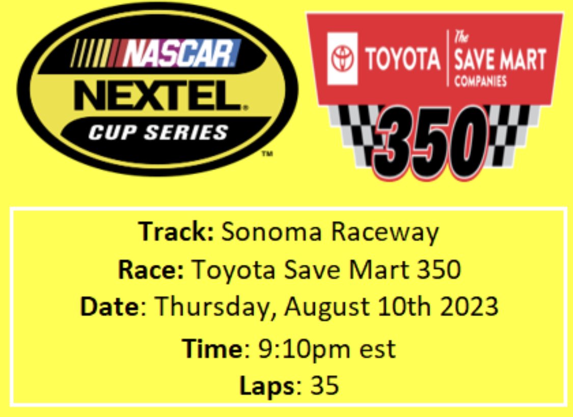 SOFALeague's tweet photo. The SofaRacing League races on iRacing at Sonoma Raceway for the Toyota Save Mart 350. Last time out at Atlanta, with the last caution about 20 laps to go, Nathan cruise to first victory of the season. (Nextel Cup Series on iRacing) https://t.co/urXAzQ7qma