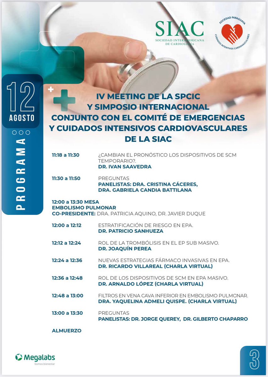 IV Meeting de <a href="/SpcicOrg/">SPCIC</a> y Simposio Internacional de <a href="/EmergenciasSiac/">Emergencias SIAC</a> 

Sábado 12 de agosto

Hora:
05:30 am 🇲🇽 
06:30 am 🇨🇴 🇵🇪 🇪🇨 🇵🇦 
07:30 am 🇵🇾 🇨🇱 🇻🇪 
08:30 am 🇦🇷 🇧🇷 🇺🇾 

Modalidad presencial y virtual

Hotel La Misión (Asunción)

Inscripciones sin costo: event.gotowebinar.com/event/42b15c61…