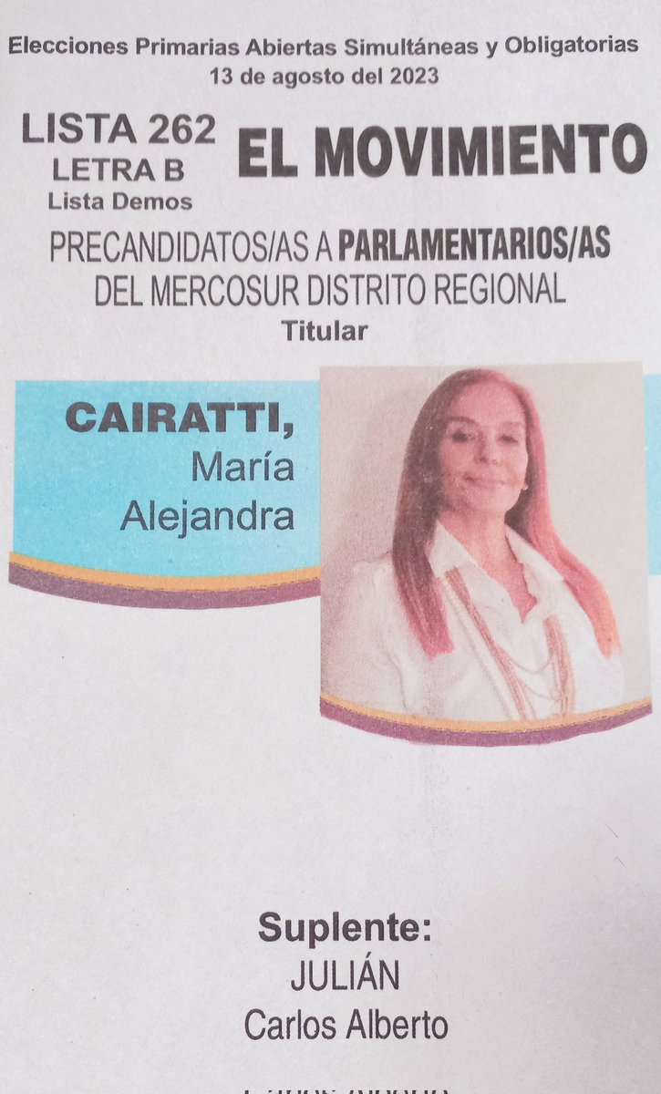 AleCairatti's tweet image. Lista 262 Demos🇦🇷
Precandidata Parlamentaria del Mercosur.
@demosargok  🤍🌞🩵
@nazaetchepare @FerLorenzo_ Precandidatos a Presidente y Vice Lista 131
#SimosDemos