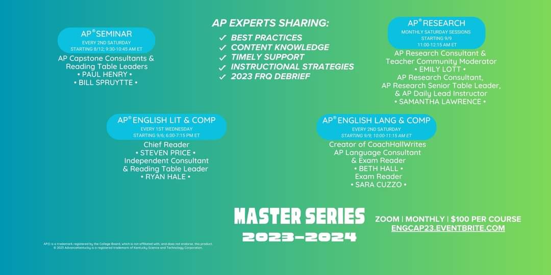 AdvanceKentucky's tweet image. If you&apos;re new to teaching AP or a veteran looking for new ideas, consider registering for our AP Master Series.  Learn from superstar educators all year for just $100!

-English/Capstone: engcap23.eventbrite.com
-Science: scienceseries23.eventbrite.com
-Math/CS: masterseries23.eventbrite.com