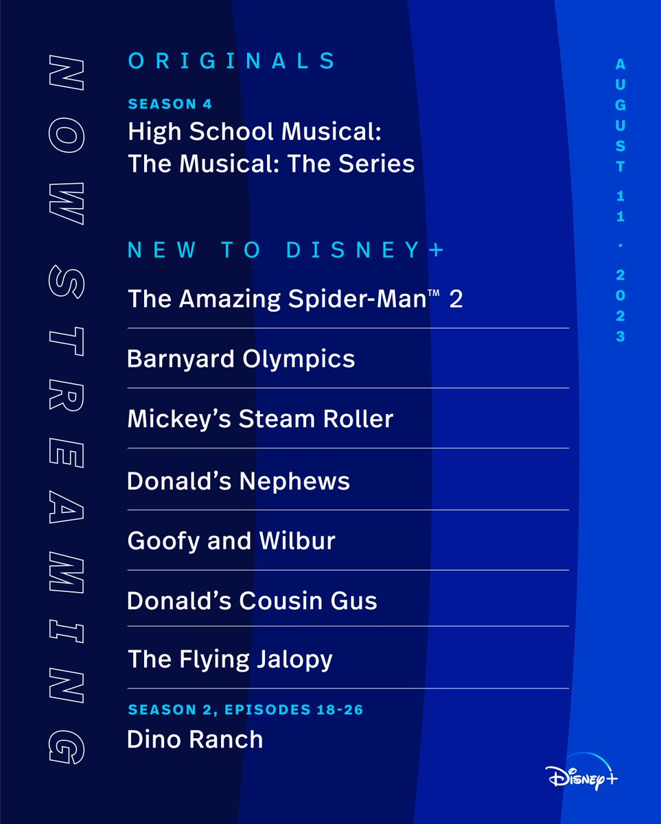 What time is it? Time for this week’s #NowOnDisneyPlus. 🤩

Stream the final season of #HSMTMTS, The Amazing #SpiderMan 2, newly restored shorts and more on #DisneyPlus.