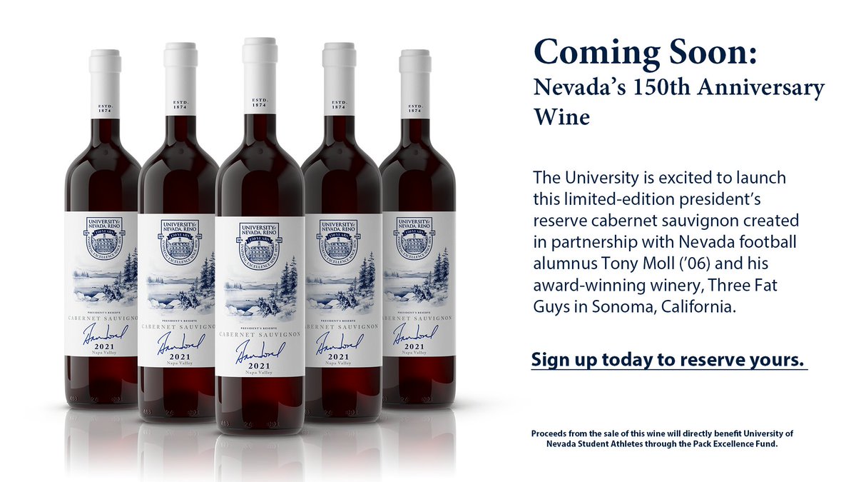 NevadaWolfPack's tweet photo. RESERVE YOUR 150TH ANNIVERSARY WINE TODAY!

This is a celebration wine meant to be shared with friends and is the perfect to toast the @unevadareno, the Wolf Pack, and to another 150 years of Higher Education.

https://t.co/XFd215rPwn

#BattleBorn | #WolfPackFridays https://t.co/7dLStSyW5A