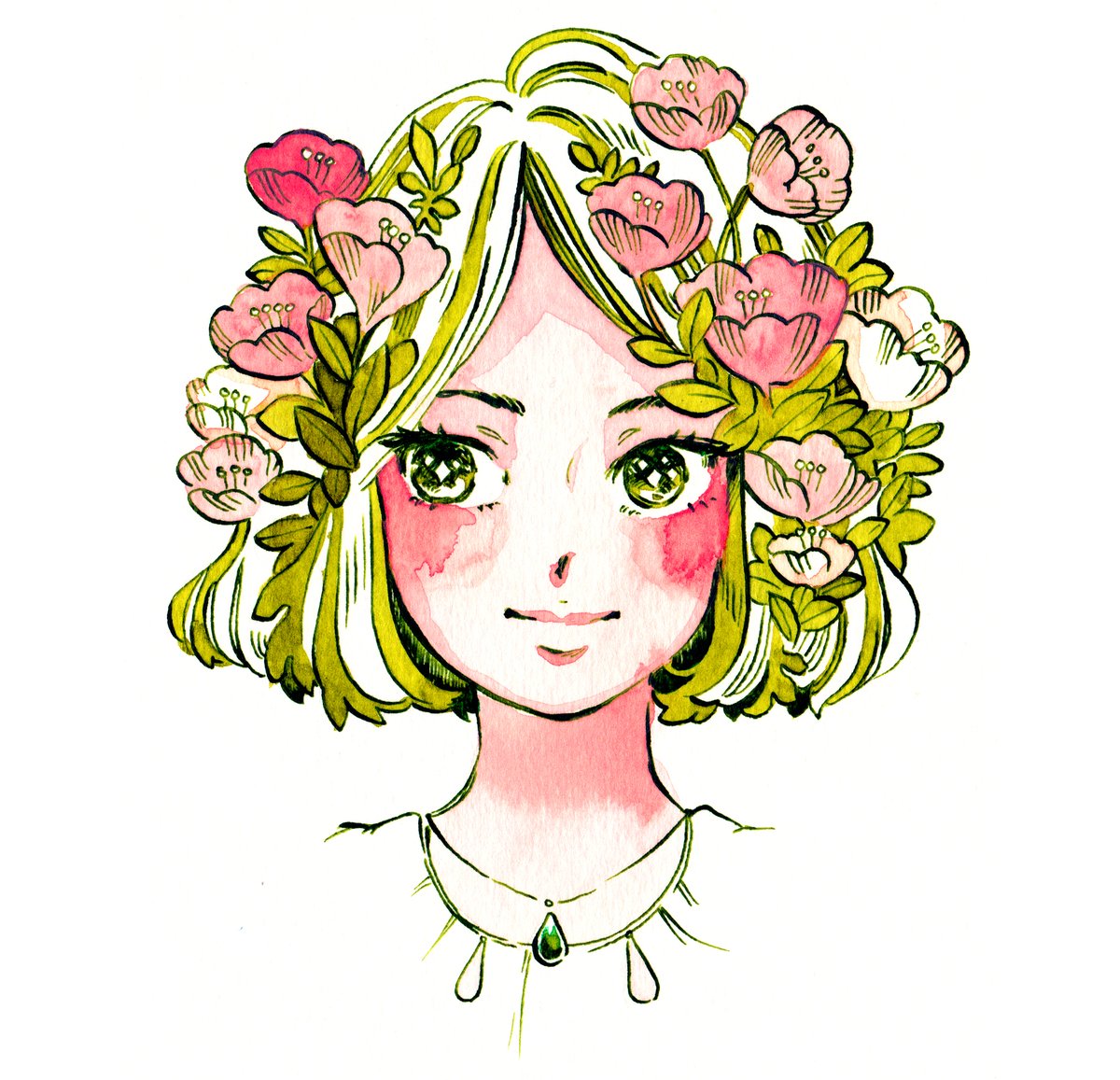 1girl solo flower portrait white background pink flower simple background  illustration images