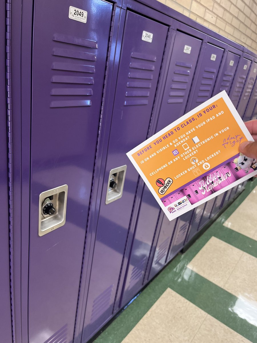 RobinsonMidSch's tweet photo. Robbie’s been hard at work posting his reminders on the lockers for students next week!
ID?
Cell away?
Locker locked?
iPad?
#RobbietheRam #minimascot #allmeansALL https://t.co/ZW7qqqQZsW