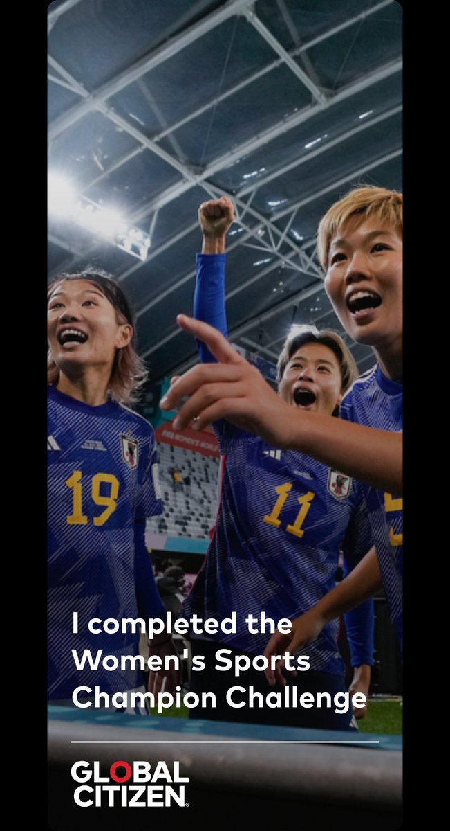 Women's Sports Champion glblctzn.co/yeGCVufLNBb
#CompletedSportsChallenge 
#SportsChallenge 
#FIFAWomensWorldCup 
#FIFAWomensWorldCup2023
#globalcitizen 
@GlblCtzn 
@GlblCtznImpact
@GlblCtznAfrica 
@Hughcevans