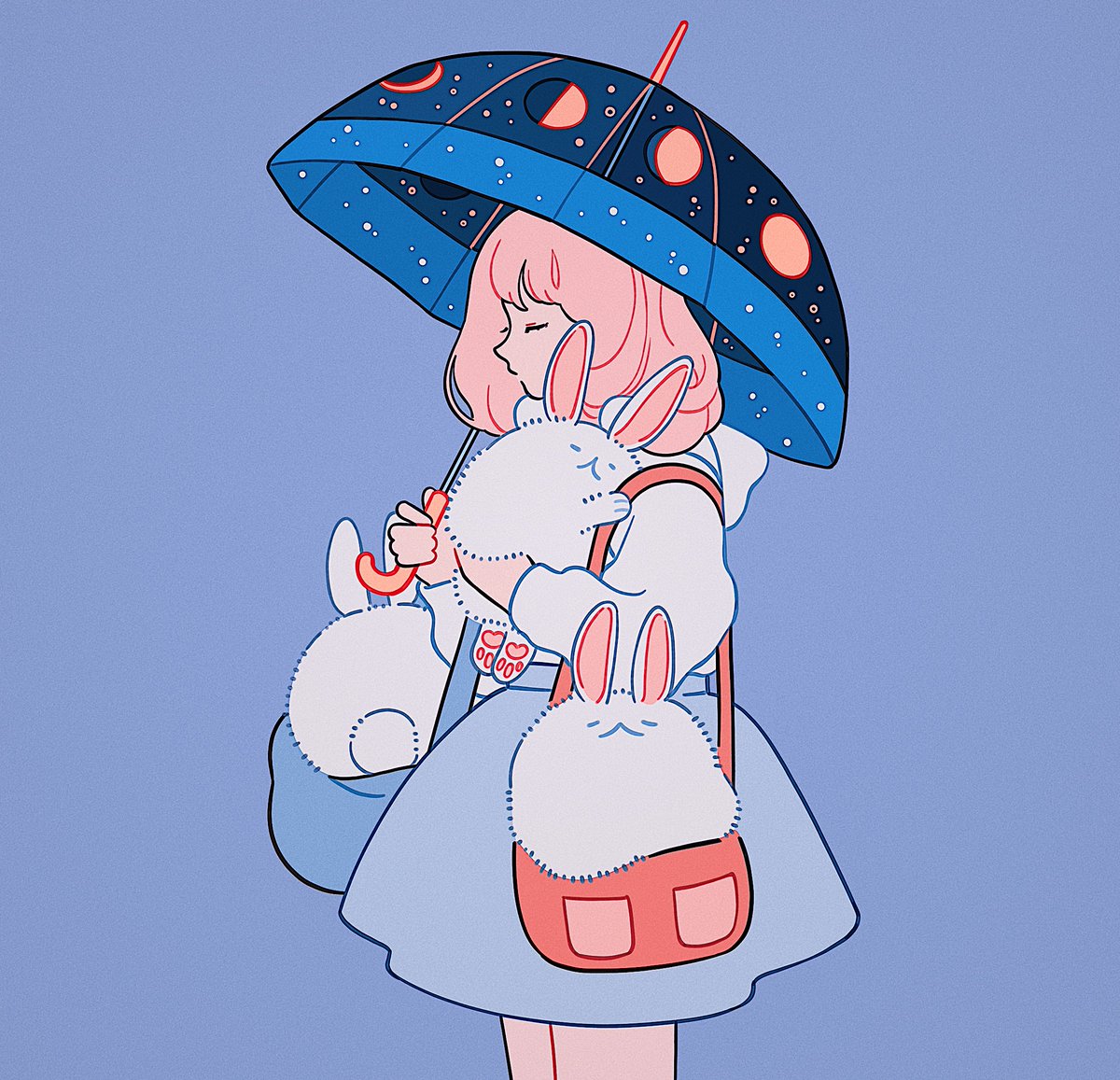 1girl umbrella skirt pink hair bag long sleeves solo  illustration images