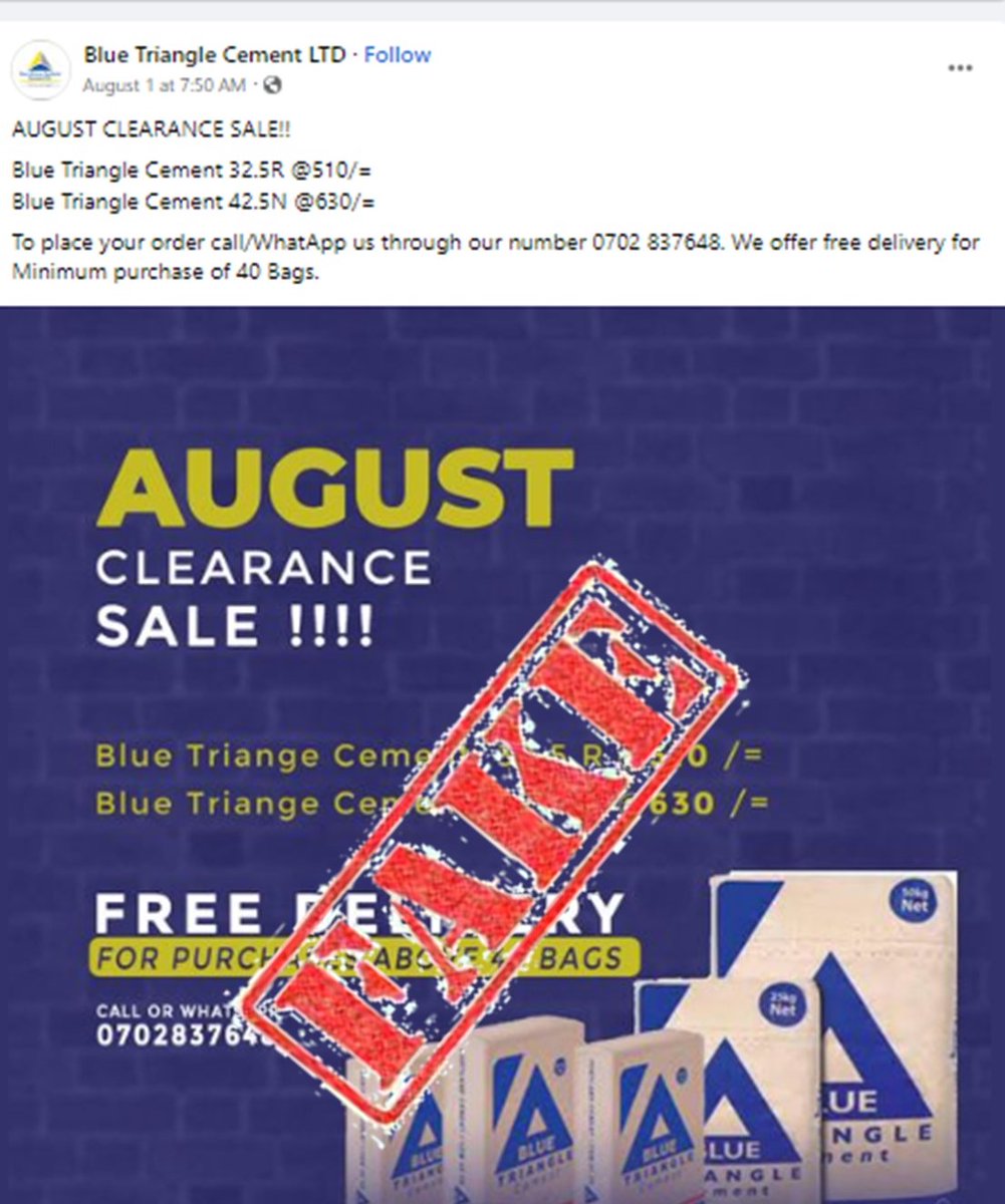 EAPC_PLC's tweet photo. Please do not be duped into this SCAM. Only purchase Blue Triangle Cement through our legitimate Commercial Representatives and if in doubt, please contact our teams through 0709 835 001 or 0709 835 144. We appreciate your continued support.
#90yearsofholdinglifetogether https://t.co/I0KfB3TgZu