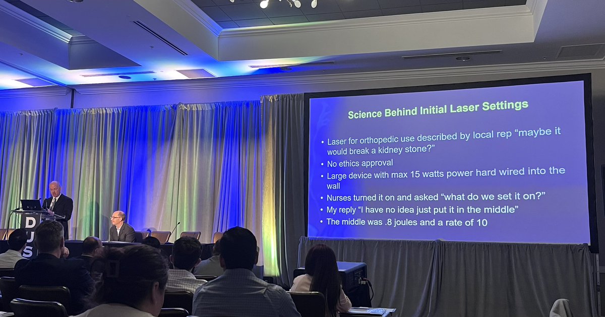 “Put it in the middle.”  Ever wonder how we arrived with the original laser settings? <a href="/DrJohnDenstedt/">John Denstedt</a> keynote presentation is fascinating. <a href="/dustcme/">DUST Symposium</a> #DUST23