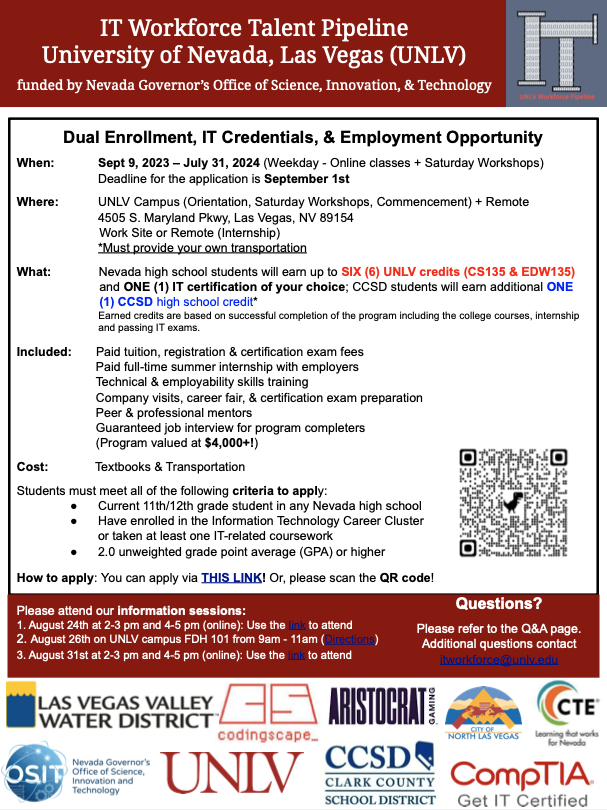 Xue (Cher) Xing, UNLV Associate Professor &amp; Program Coordinator, Career-Technical &amp; Post-Secondary Ed, is leading a supportive IT Workforce Pipeline project. The program aims to provide a year-long immersive and accelerated learning for Grade 11 &amp; 12 high school students in