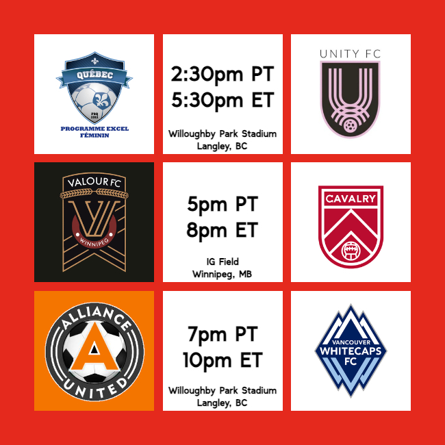 CanadianFootie's tweet photo. MATCHDAY
WIPC - @academiecfm 🆚 @unityfcbc at 2:30pm PT / 5:30pm ET
CPL - @ValourFootball 🆚 @CPLCavalryFC at 5pm PT / 8pm ET
WIPC - @Alliance_UtdFC 🆚 @WFCElite at 7pm PT / 10pm ET
#WIPC23 #CFMTL #CmonUnity #CanPL #ForValour #RideWithUs #ForeverUnited #VWFC https://t.co/pfD54HYau2