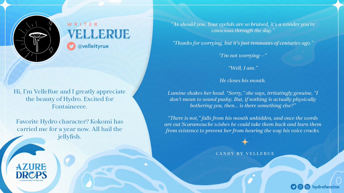 💧 CONTRIBUTOR SPOTLIGHT 💧

The talents just won't stop! Today we're welcoming <a href="/velleityrue/">VelleRue (give me GO S3 or give me death)</a> as one of our writers, and we absolutely love how her stories are packed to the brim with fun and life🎇🌊🐳