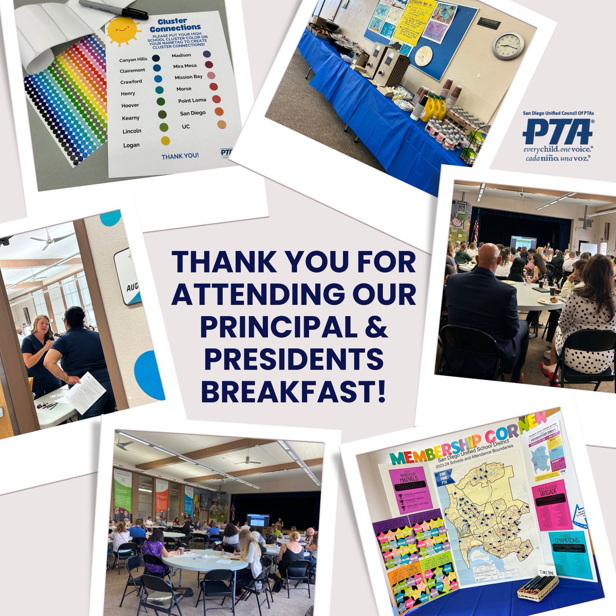 Thank you to everyone who came to our Principal and Presidents Back-to-School Breakfast! We are thrilled with the turnout &amp; pleased to see old friends &amp; meet new ones. Please reach out to us if you have  further questions or ideas. General Information: info@sdcouncilpta.org