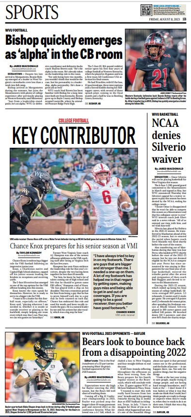 Friday @wvgazettemail sports front Local work: @JMacDonaldSport x3, @Taylor_Kennedy7 Inside: yours truly Design: Rob Stiles