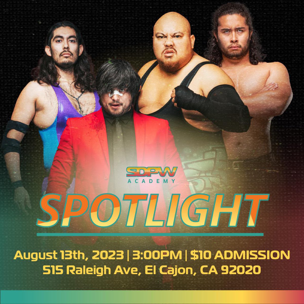 sdprowrestling's tweet photo. This Sunday on Spotlight!
β’ The 1st defense of the SDPW Heavyweight Championship!
β’ Loser Leaves Town, Leo Canedo vs. Fabrizio!
β’ CJ Tino vs. Miggy Rose!
β’ Cameron August returns!
+ A lot more action you'll want to see LIVE
π$10 | 3pm
All ages welcome
#SDPWA #SDPro https://t.co/4mK86CJL20