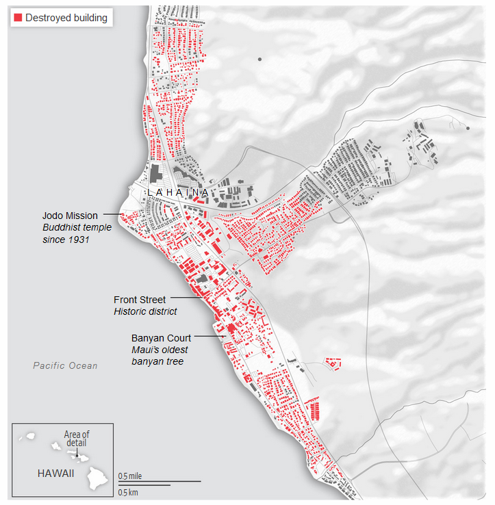 Lahaina -- all the buildings in red are destroyed (from Wall Street Journal) wsj.com/articles/hawai…