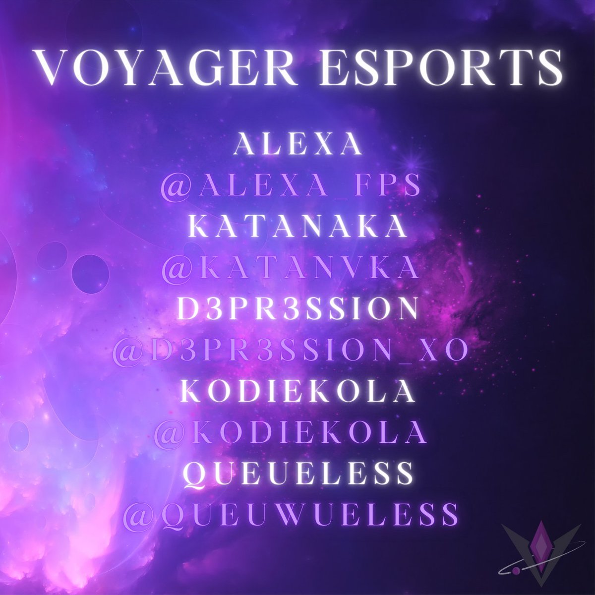 VoyagerGG's tweet photo. Join us for the grand premier of the Voyager Esports Team, where skill meets strategy. Introducing the dynamic lineup:

🪐@Alexa_FPS
🔮@katanvka 
🌕@d3pr3ssion_xo
☄️@KodieKola 
✨@Queuwueless 

Don't miss this epic journey into the gaming universe! 🌌 https://t.co/OoEZDYKYjO