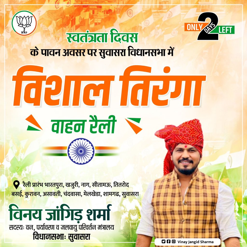 VinayJangid_'s tweet photo. #02DaysLeft 
21वी सदी का युवा संकल्पित है अखंड भारत के निर्माण हेतु... 
#विशाल_तिरंगा_वाहन_रैली 
13 अगस्त 2023 
सुबह 8:15 बजे,रविवार 
सुवासरा विधानसभा

@narendramodi 
@BJP4MP 
@ChouhanShivraj 
@byadavbjp 
@AshwiniVaishnaw 
@ajayjamwalbjp 
@amitmalviya 
@vdsharmabjp 
@HitanandSharma 
@shivprakashbjp 
@PMuralidharRao