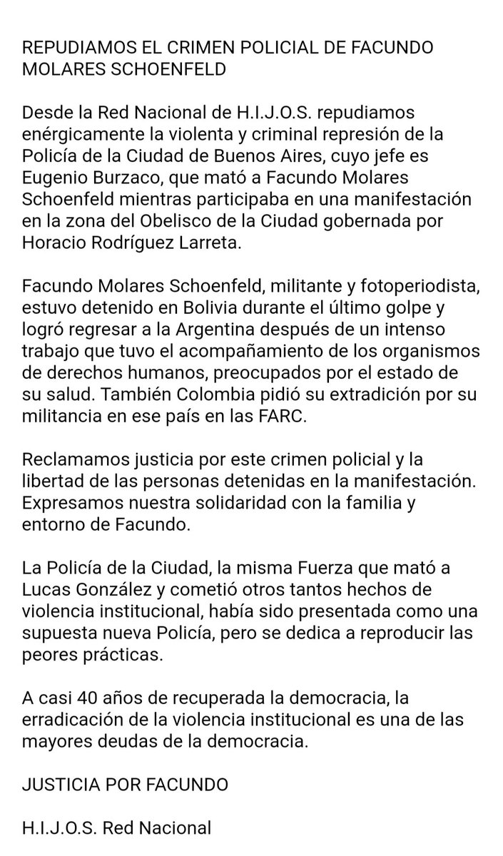 hijos_capital's tweet photo. Repudio de la Red Nacional de H.I.J.O.S. al crimen policial de Facundo Molares Schoenfeld https://t.co/1nvbn2lggn