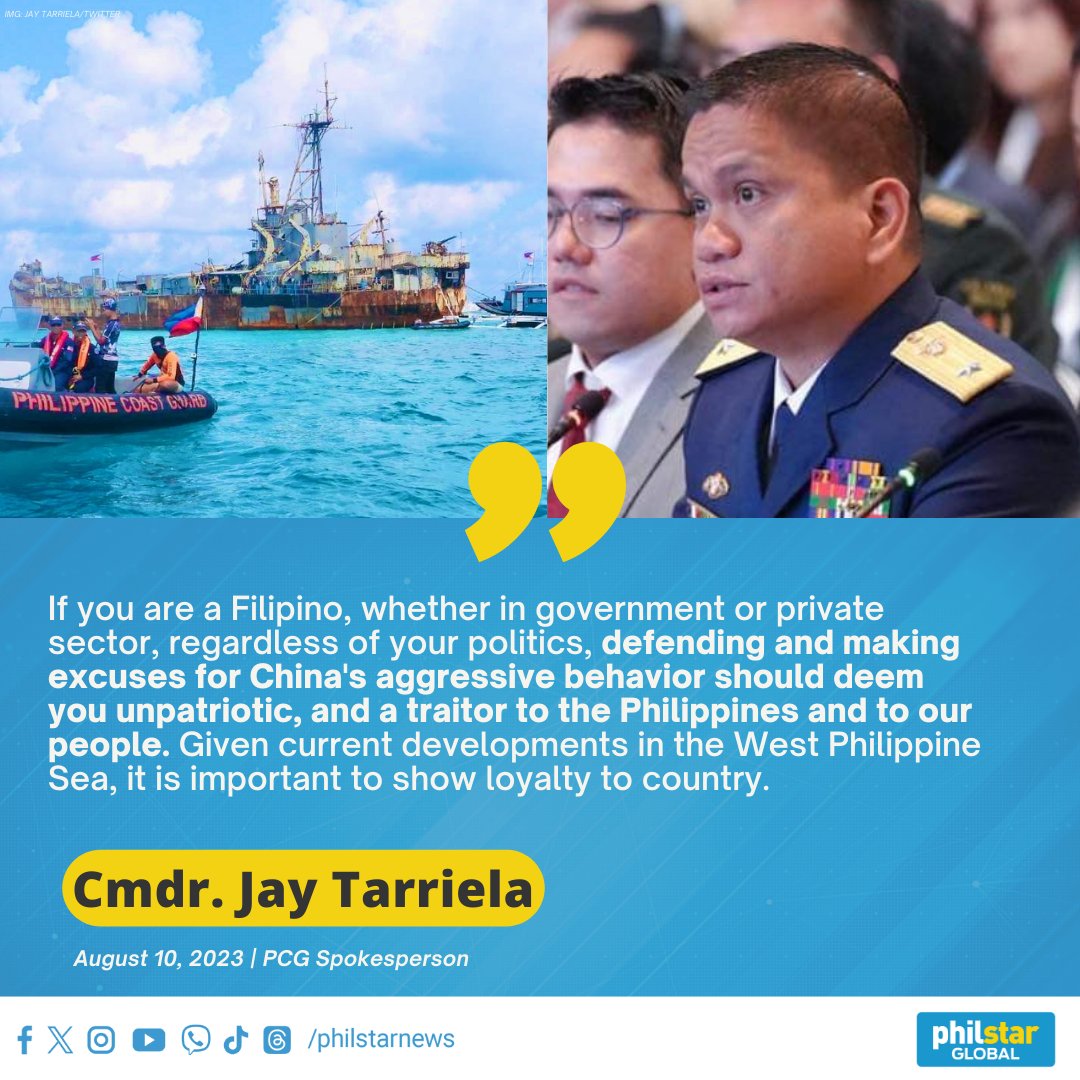 PhilstarNews's tweet photo. DEFENDING CHINA'S AGGRESSIVE BEHAVIOR SHOULD DEEM YOU UNPATRIOTIC, AND A TRAITOR TO THE PHILIPPINES –PCG SPOX

Filipinos defending or “making excuses” for China’s aggressive actions in the West Philippine Sea are “unpatriotic” and “traitors,” the spokesman for the Philippine Coast Guard saidThursday.

Read: https://t.co/wHjzm4Pwbz