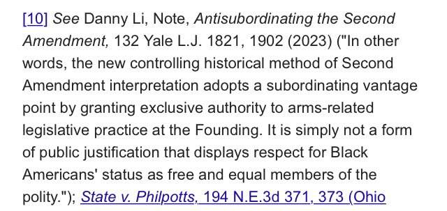 DannyYLi's tweet photo. Learned that 2 weeks ago, a district court, upholding the law at issue in Rahimi, cited the @YaleLJournal piece for this exact proposition: https://t.co/FrTtG9E1yj https://t.co/zbNhbqTr1b