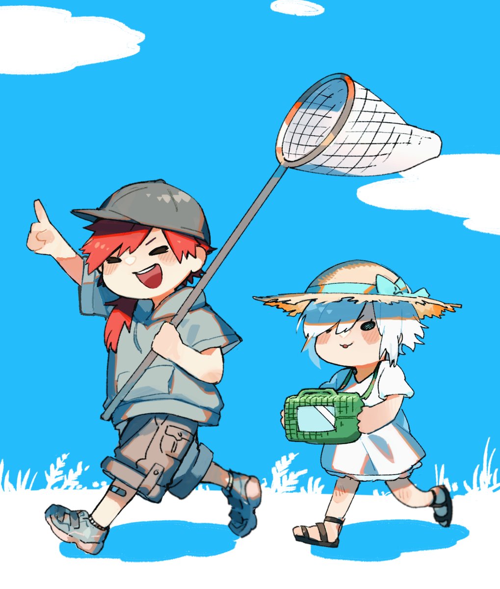 hat white hair red hair smile hand net shorts pointing  illustration images