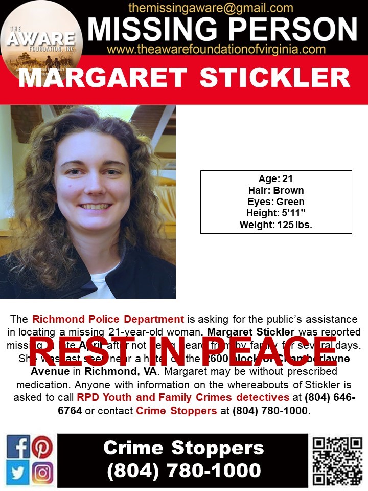 UPDATE: It was with a heavy heart and great sadness we must share the news that Margaret "Maggie" Strickler has been found deceased. Maggie's remains were found in NC sometime in October 2022. This is an ongoing investigation. Please keep the family and her friends in your