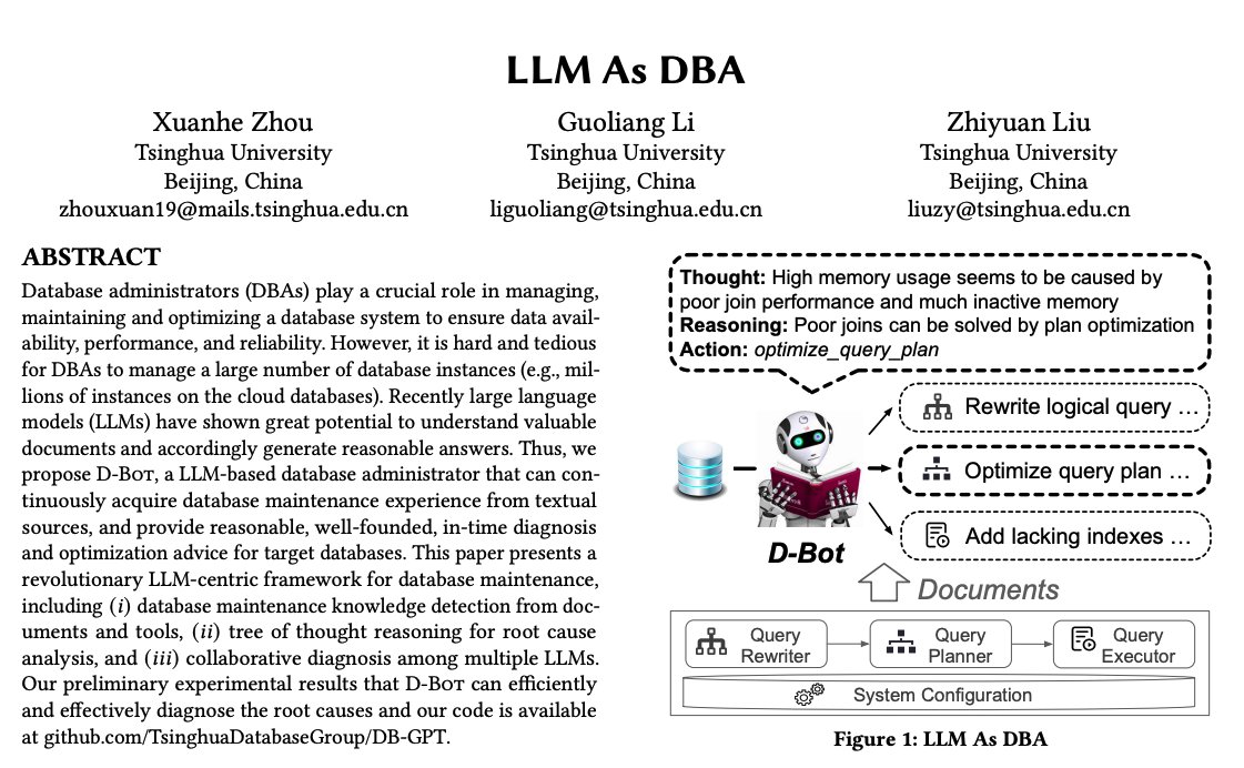 omarsar0's tweet image. LLMs as Database Administrators 

Data is growing and DBs are growing. There are a lot of potential ways to automate the tasks of data administration using LLMs.   

This paper presents D-Bot, a framework based on LLMs that continuously acquires database maintenance experience…