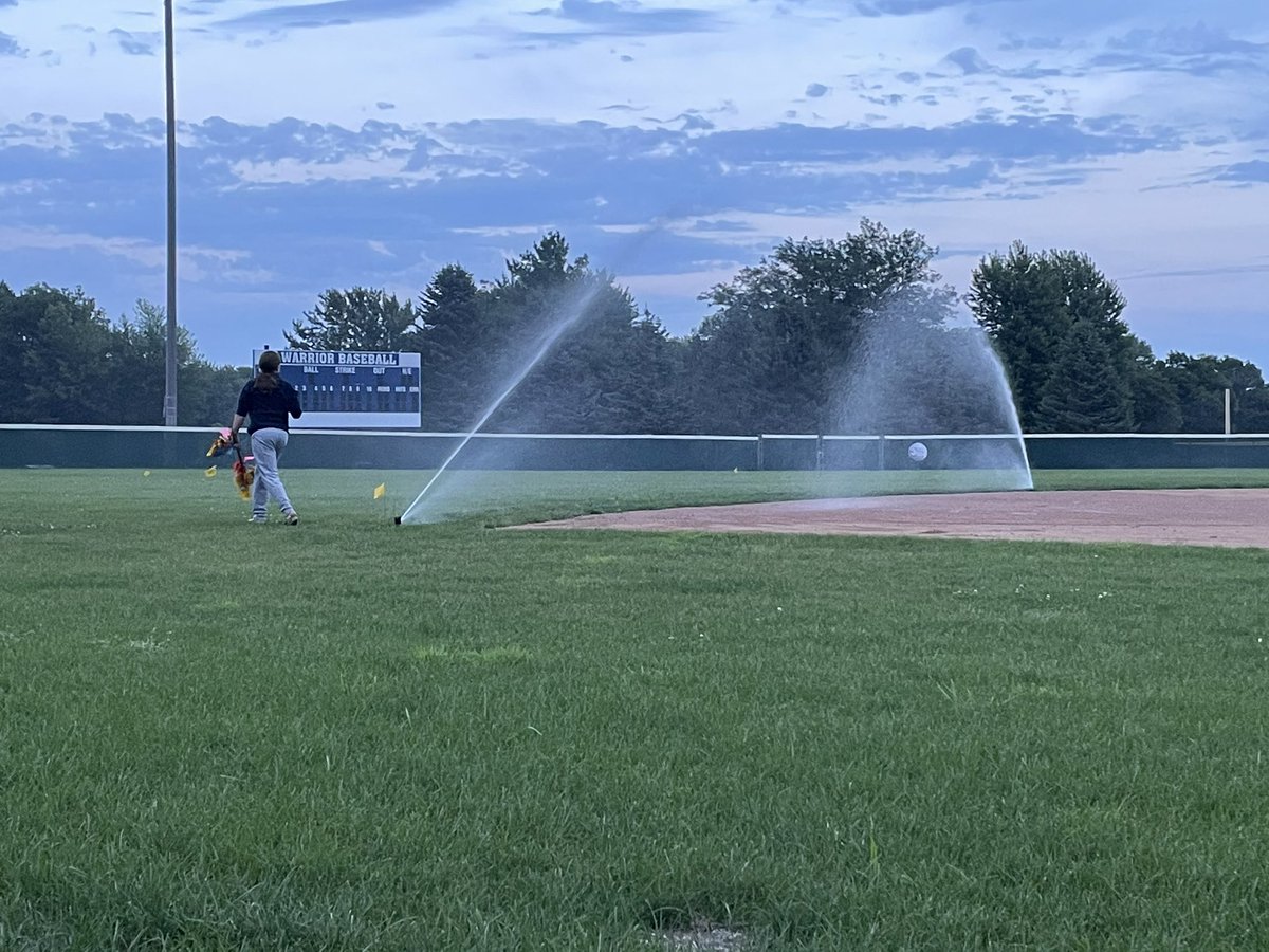 Kennedy Burkhart marking sprinkler heads as the coaches begin the fall grass work schedule at Paddy Siglin Field. A baseball manager’s work is never done! 😂