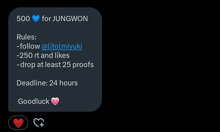 500 💙 for #jungwon

rules.
- follow <a href="/litolmiyuki/">miyu votes 🤎</a> 
- 250 rts and likes 
- drop atleast 25 proofs

ends in 24 hours.