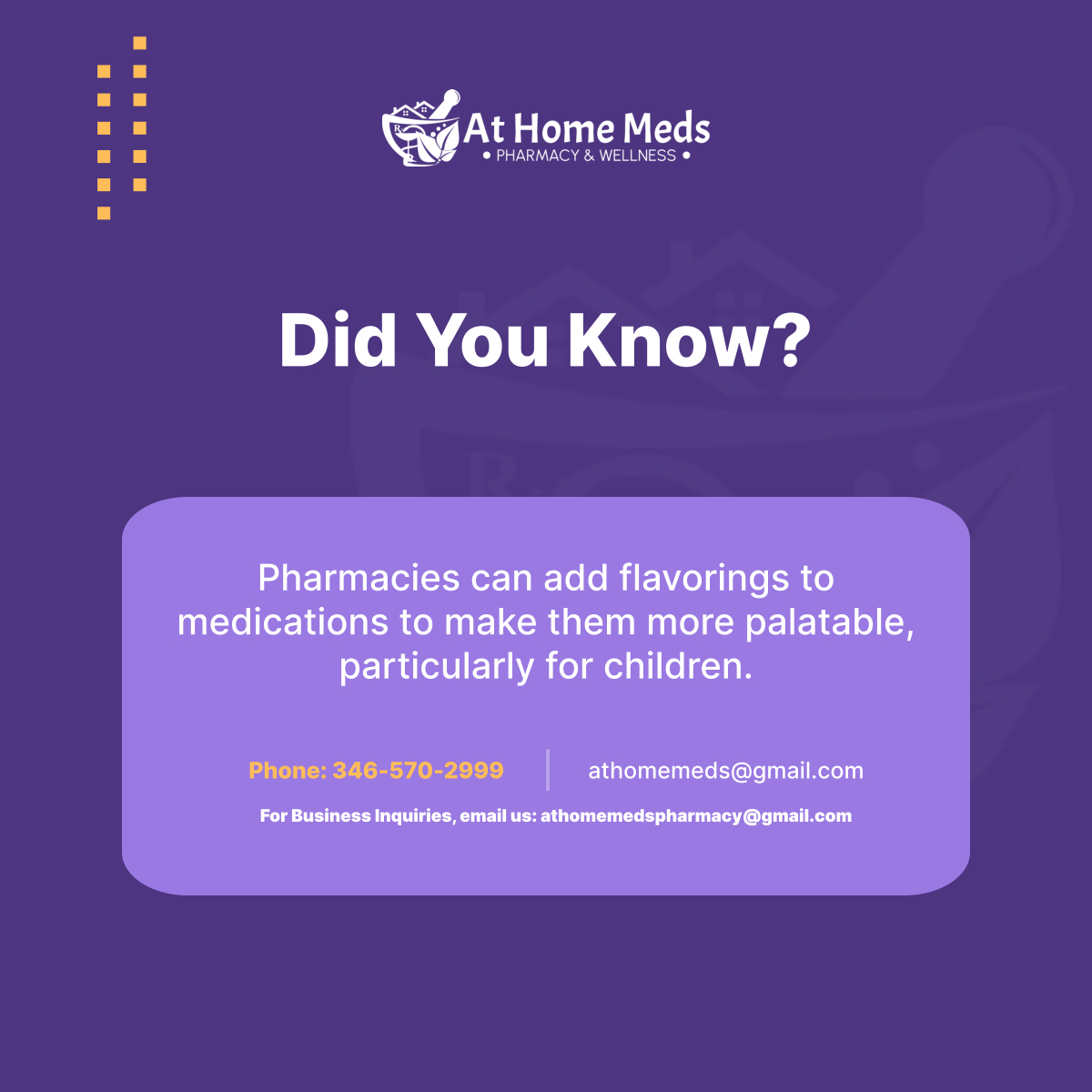 AtHomeMeds's tweet photo. By adding a pleasant flavor, such as a fruity or sweet taste, children are more likely to take their prescribed medications without hesitation.

#DYK #PearlandTX #RetailPharmacy https://t.co/tXHBLk4b1a