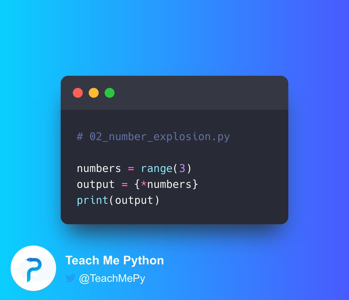 TeachMePy's tweet image. #Python Pop Quiz 🐍❓

What will be the output if you run this code?

A) {range}
B) (range)
C) [0, 1, 2]
D) (0, 1, 2)
E) {0, 1, 2}