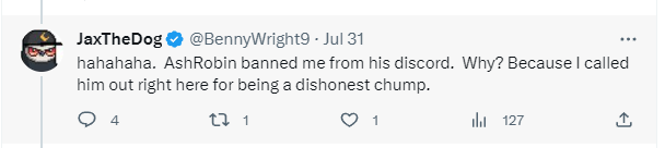 SLegend221's tweet photo. @SlawJira @ashrobin @keung @ashrobin who has been fudding @keung a lot, yesterday said keungz silences and bans his holders. Here is Ash eight days ago banning @BennyWright9 for no reason. https://t.co/D1ExKpqUiZ