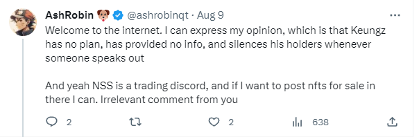 SLegend221's tweet photo. @SlawJira @ashrobin @keung @ashrobin who has been fudding @keung a lot, yesterday said keungz silences and bans his holders. Here is Ash eight days ago banning @BennyWright9 for no reason. https://t.co/D1ExKpqUiZ