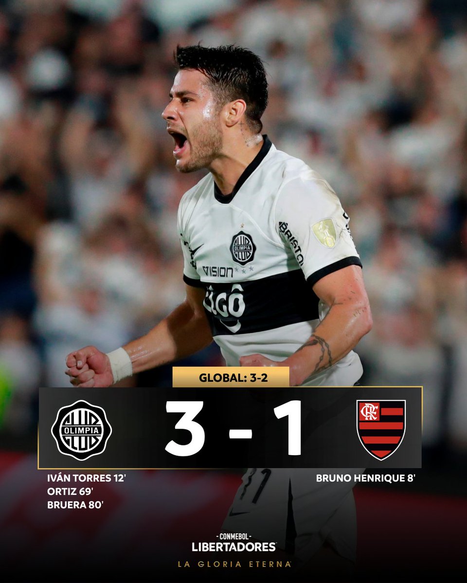 Libertadores's tweet image. 🇵🇾🔥 ¡Remontada épica de @elClubOlimpia! Venció 3-1 a @Flamengo, dio vuelta la serie y se metió en los Cuartos de Final de la CONMEBOL #Libertadores.

#GloriaEterna