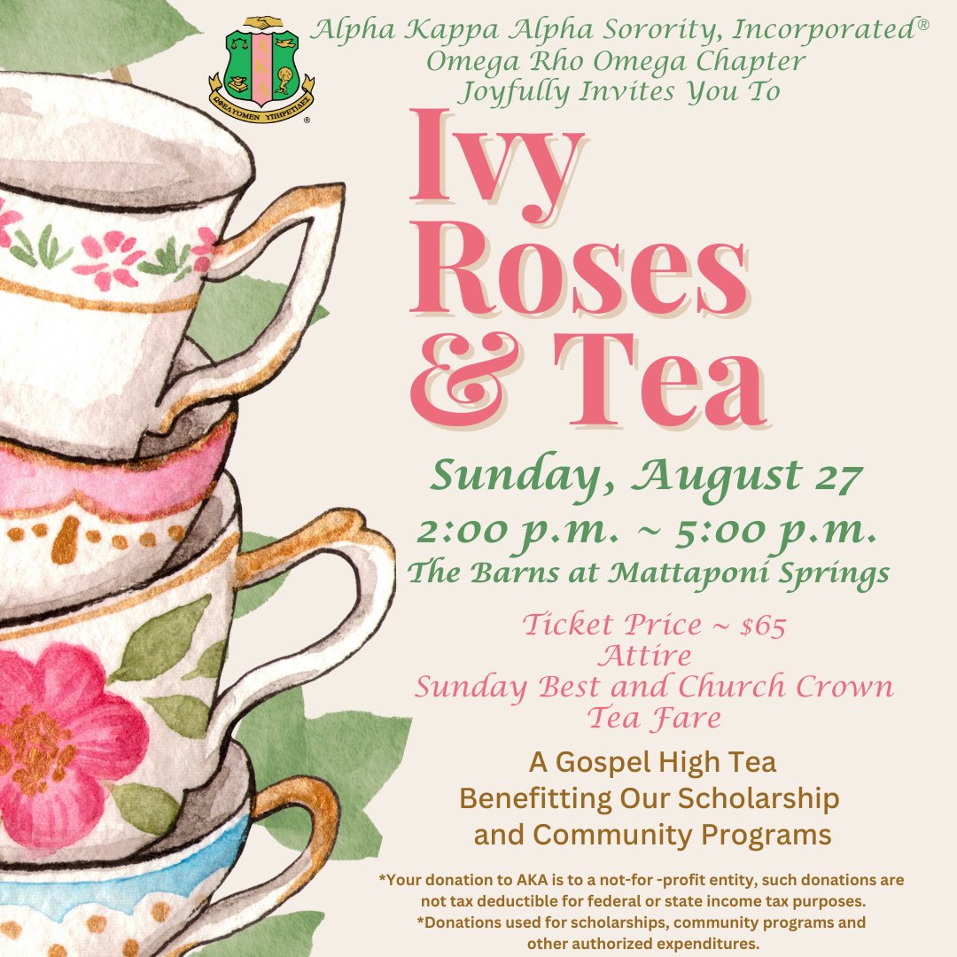 It's Teatime! Dress in your Sunday Best and join Alpha Kappa Alpha Sorority, Incorporated®, Omega Rho Omega Chapter for our First Annual Gospel Tea Scholarship event on Sunday, August 27, 2023 at 2pm. Click on the link in bio to purchase your ticket.
