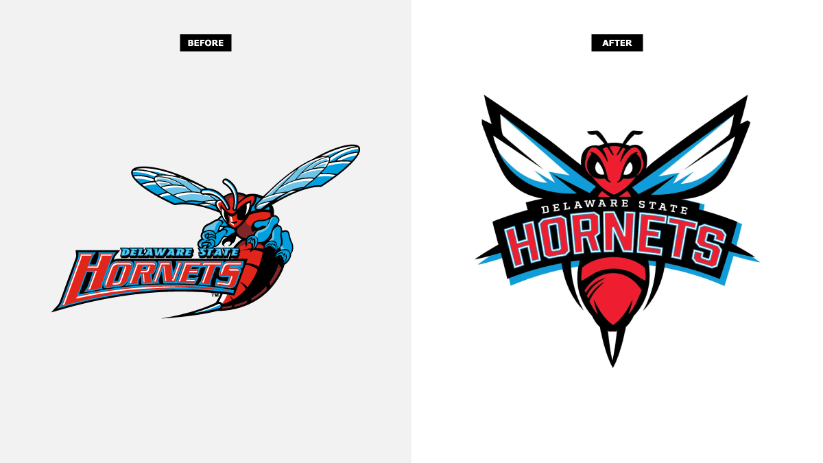 Delaware State Hornets unveiled a new logo yesterday, replacing the previous set used since 2001.  The redesign is the collaborative design work of their marketing team staff members. #makeaSTATEment #newlogo