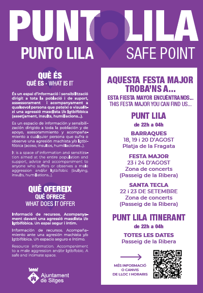 DretsCivilsStgs's tweet photo. Ja s'olora la #FestaMajor i amb ella els #PuntLila
A #Baraques i el mateix dia de la Festa ens hi trobareu.
Servei puntual que garanteix un espai segur en l’acció contra les violències masclistes i LGTBIfòbiques. No dubtis a acostar-t'hi!
#NoEsNo #SitgesRespecta #respectans https://t.co/QzoJ6EUaPa
