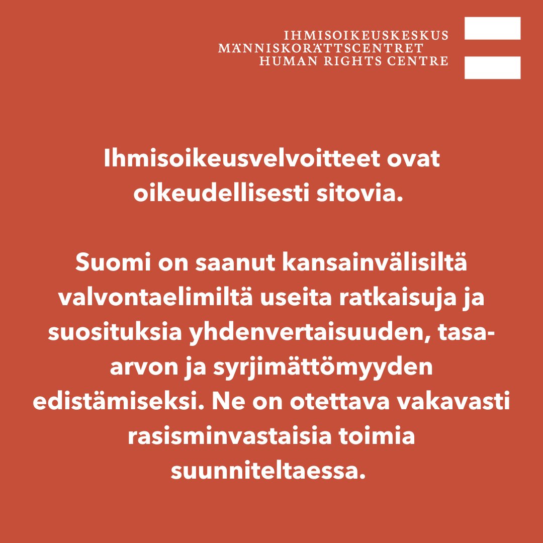 Kansainvälisten valvontaelinten ratkaisut ja suositukset on huomioitava kattavasti hallituksen tiedonannossa yhdenvertaisuuden, tasa-arvon ja syrjimättömyyden edistämisestä. Annoimme tiedonantoa valmistelevalle työryhmälle lausuntomme: ihmisoikeuskeskus.fi/uutiset/lausun…