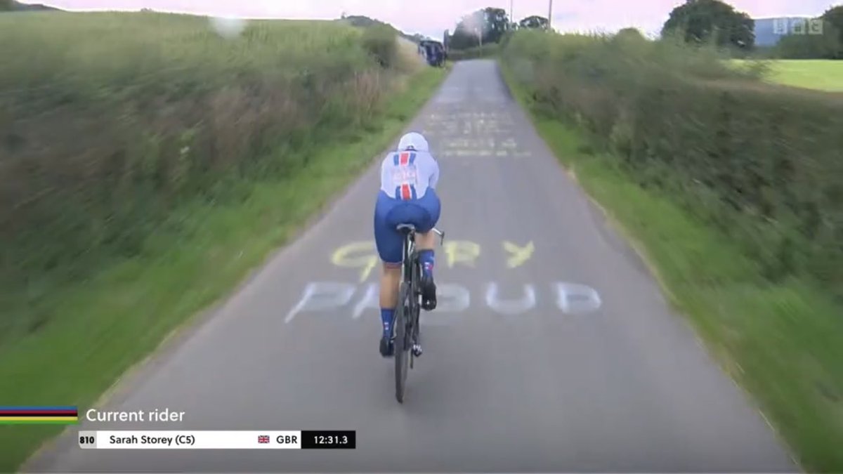 <a href="/FevRoadClub/">FeatherstoneRoadClub</a> pretty sure that’s Dame Sarah Storey riding over some Gary Proud road art at the Worlds.