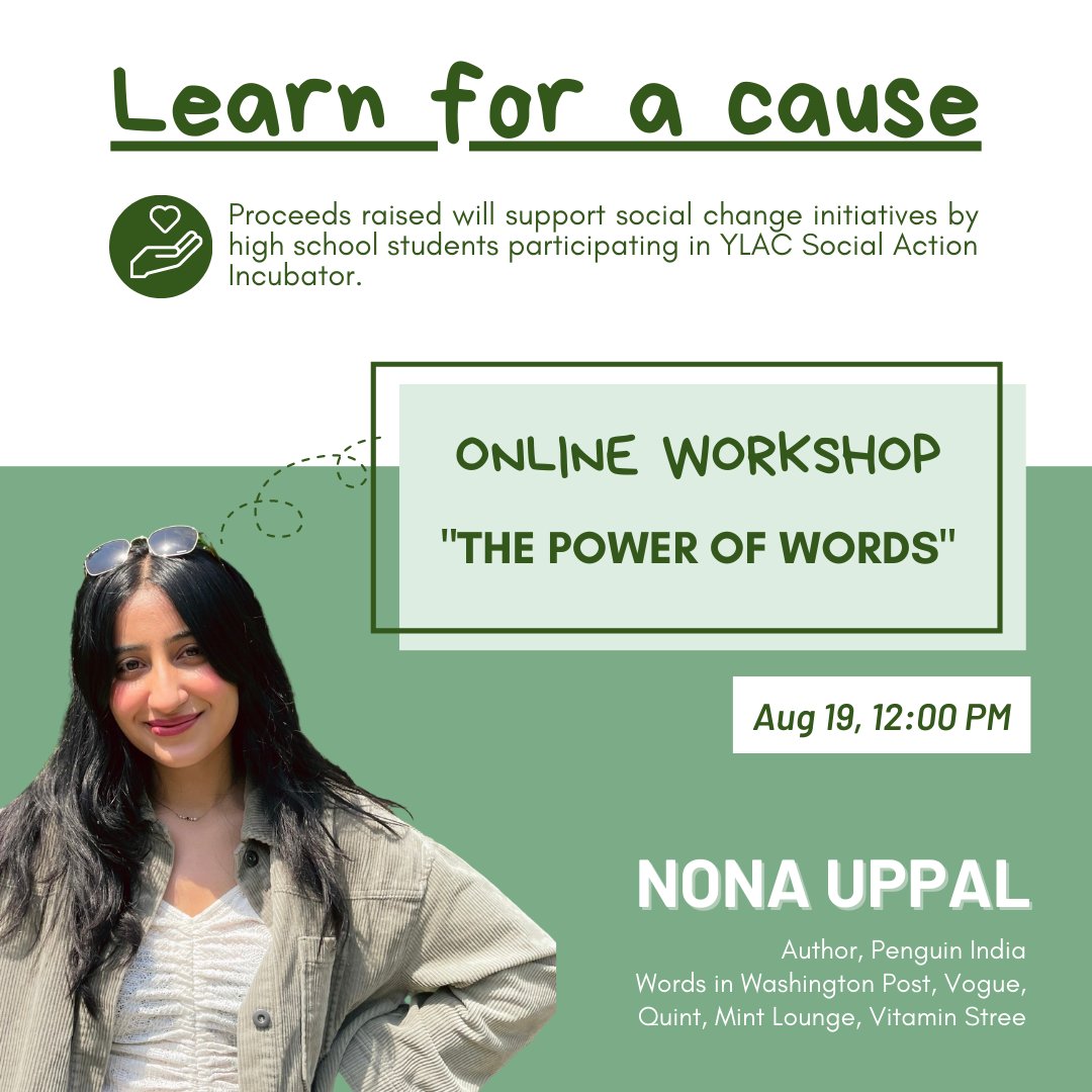 ylacofficial's tweet photo. 📢 On August 19th, join us for an online workshop led by @nona_uppal on how to use words as a power of societal change as a writer, content creator, or anyone interested in art. Register today✨🔗: https://t.co/S7FhdripBP

#learnforacause #writing #wordsforchange https://t.co/XfVvzEr7RZ