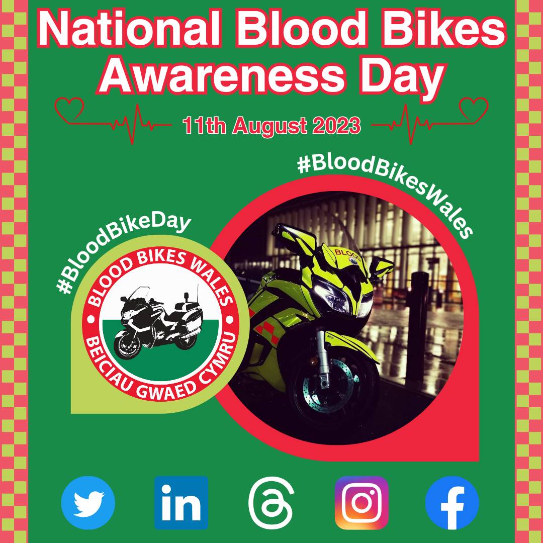 🚨 National Blood Bike Awareness Day 🚨 • #BloodBikeDay #BloodBikesWales 🩸🏍🏴󠁧󠁢󠁷󠁬󠁳󠁿 • The first Blood Bike Awareness Day took place on Friday 14th August in 2015, and has continued on an annual basis. It's held on the Friday closest to 14th August, and today marks our 8️⃣th year! 🎆